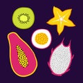 Vector tropical set with exotic sliced Ã¢â¬â¹Ã¢â¬â¹fruits: papaya, kiwi, pitaya, carambola, passion fruit. Trendy summer design Royalty Free Stock Photo